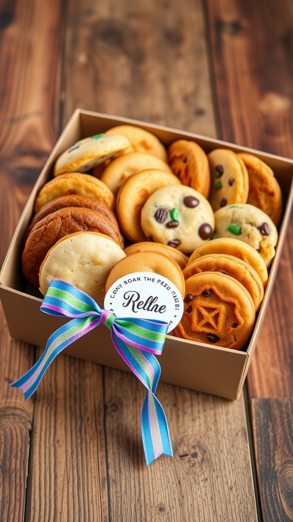 A colorful cookie box with assorted cookies, decorated with a ribbon on a wooden table.